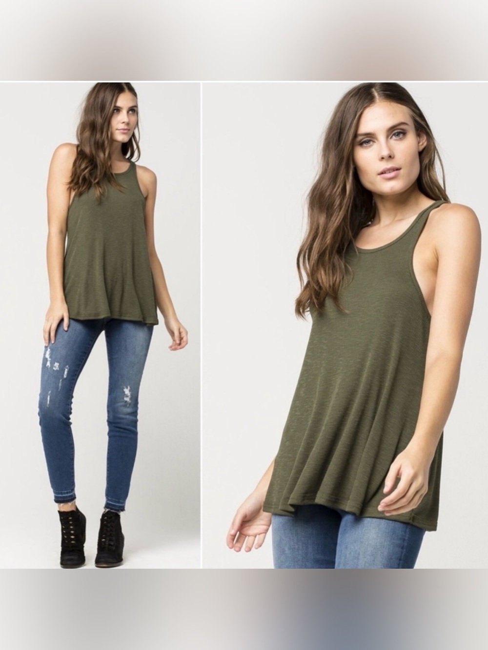 Free People Olive Green Flowy Tank Top S EUC